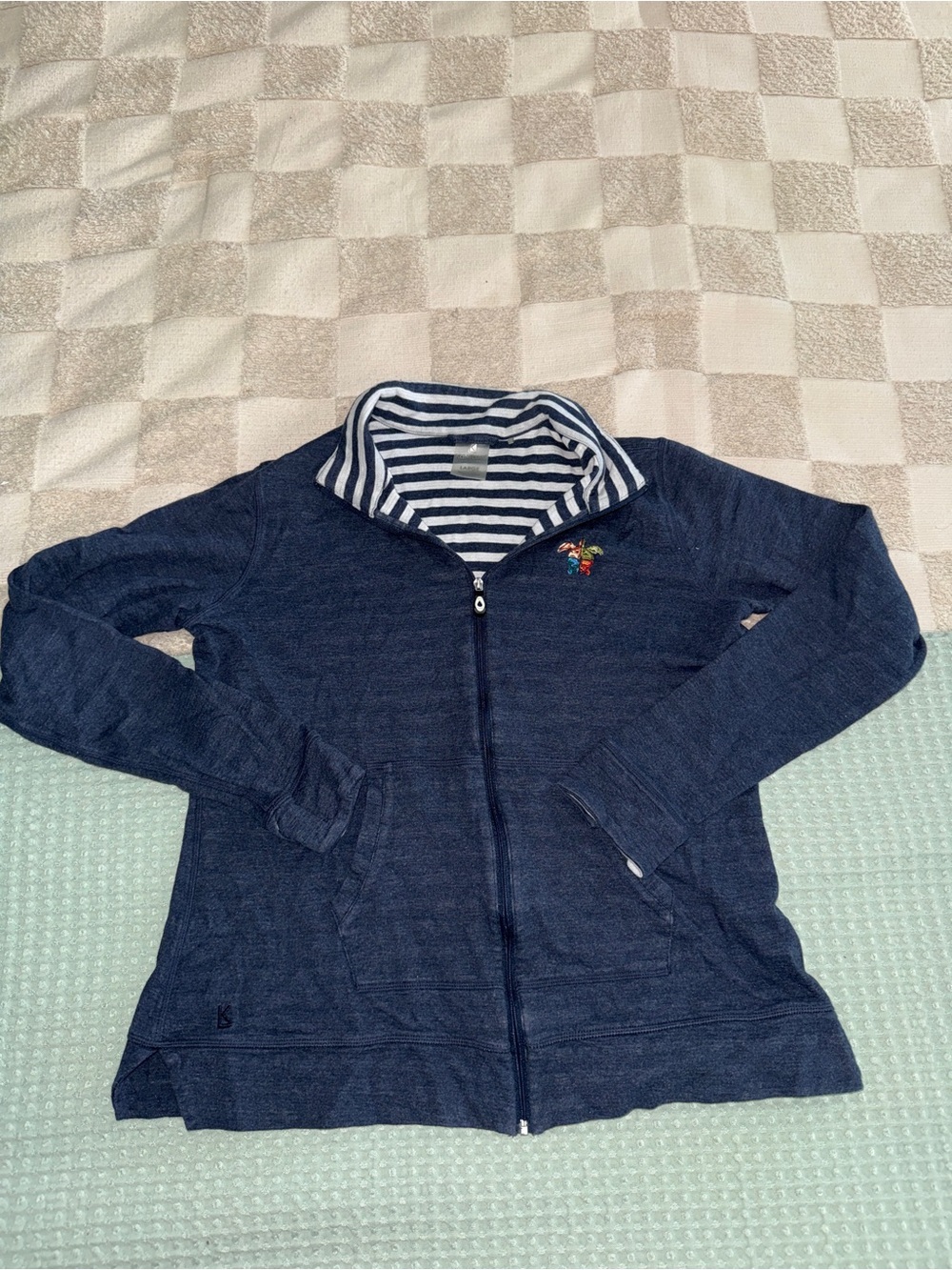 Kate Lord Navy Zip-Up Hoodie with Striped Lining and Small Embroidered‎ Motif L